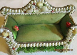 Rare Victorian Sailors Valentine Green Silk Shell Art Pincushion Top Sofa Shape