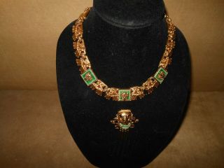 Rare Vtg.  Salvador Teran Marbel Mexico 22k Plated Aztec Necklace Bracelet Brooch
