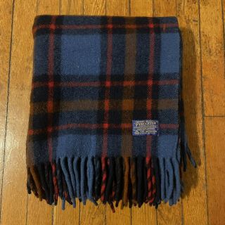 Rare Vtg Pendleton 55” X 45” Wool Throw Blanket Blue Red Plaid Fringed Euc