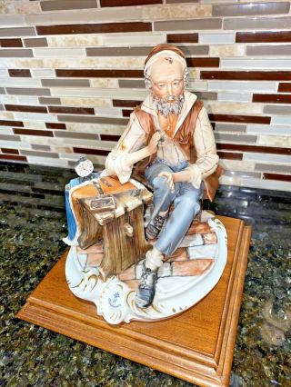 Vintage Capodimonte Italy Figurine Large Watch Maker On Wooden Base Rare