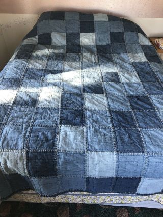 Pottery Barn Kids Denim Blue Jean Patchwork Full/queen Stitched Quilt Heavy Rare