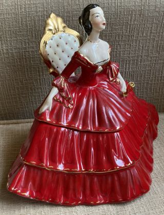 Rare Vintage Victorian Woman Red Dress Ball Gown Porcelain Figurine Trinket Box