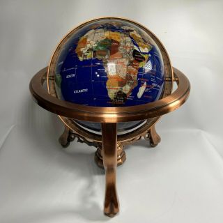 Vintage Semi Precious Stone Inlaid 13 " Globe Lapis Brass Stand With Compass Rare