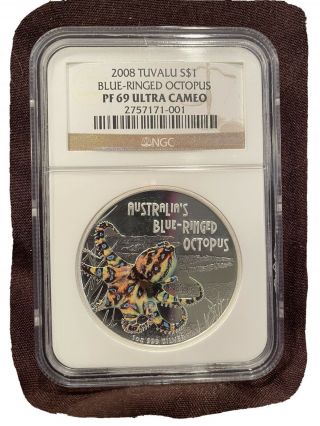 2008 Tuvalu Deadly And Dangerous Blue - Ring Octopus Ngc Pf 69 Rare