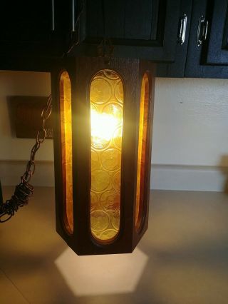 Rare Vintage Mcm Hanging Light Lamp Swag Yellow Wood 1970s Fixture