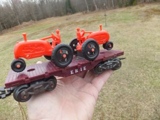 Vintage Rare Marx Carrier Erie Flat Car Carrying 2 Farm Tractors O Scale -