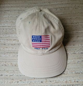 Vintage Polo Ralph Lauren Strapback Hat.  Made In Usa.  Stadium Khaki Flag.  Rare