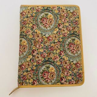 Vtg Franklin Tan Leather/floral Tapestry Day Planner/organizer Cottagecore Rare