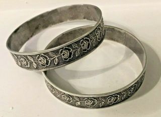 Vintage Rare Sterling Silver S Kirk & Son Bangle Bracelets Set Of 2 Rose Design
