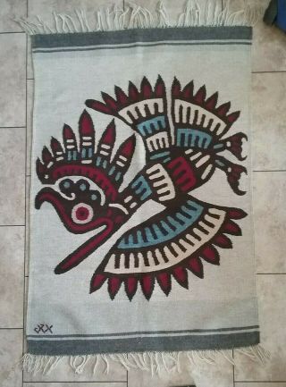 Rare Vintage Aztec Cozcacuauhtli Vulture Bird Zapotec Wool Rug 6 Feet X 3 Feet