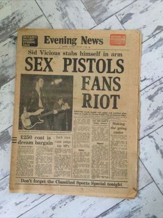 Rare Evening News Paper 1978 Sex Pistols Fans Riot Sid Vicious Stabs Arm Punk