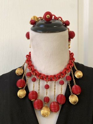 Rare Vintage Monet Jewelers Red Ball Mcm Modern Mod Necklace Bracelet Pairing 5