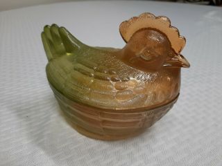 Vintage Indiana Glass Hen And Nest Rare Two Tone Green And Yellow.