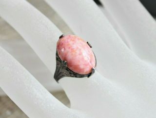 Rare Art Deco Pink Peking Glass Cabochon Sterling Silver 925 Ring Size 5