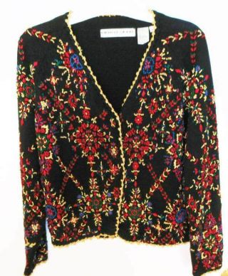 Vtg Very Rare Michael Simon Black Knit Heavily Embroidered Cardigan - L