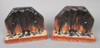 Muncie Pottery Art Deco Rare Owl 257 - 5 Bookends Peachskin With Glossy Black Drip