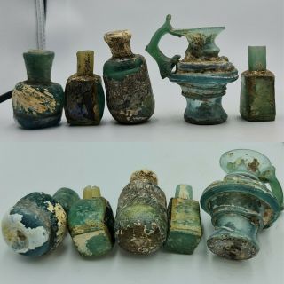 5 Pc Ancient Rare Roman Glass Jug & Bottles Vessels With Full Patina