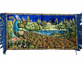 Rare Vintage Woven Velvet Peacock Rug Wall Hanging Tapestry 40” X 19”