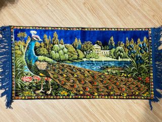 RARE Vintage Woven Velvet Peacock Rug Wall Hanging Tapestry 40” X 19” 2
