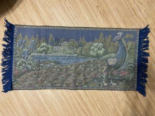 RARE Vintage Woven Velvet Peacock Rug Wall Hanging Tapestry 40” X 19” 3