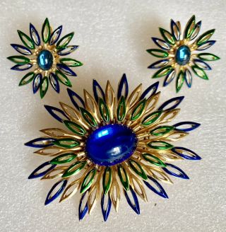 Rare Crown Trifari Enamel Brooch & Earring Set Floral Blue,  Green And Gold