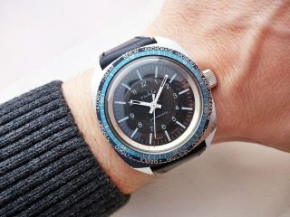 Rare Black German Ruhla Diver World Time Vintage Wristwatch From 1970 