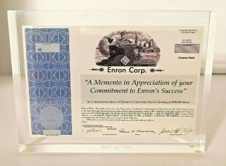 Enron Corp.  Lucite Encased Miniature Stock Certificate 4/14/98 $50/share Rare