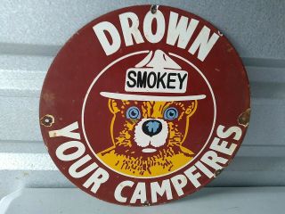 Vintage Drown Your Campfires Smokey The Bear Porcelain Sign (rare) 1950 