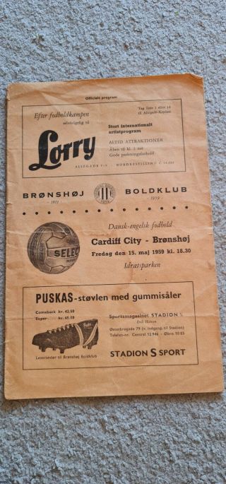 Very Rare Bronshoj Boldklub V Cardiff City 15/5/59