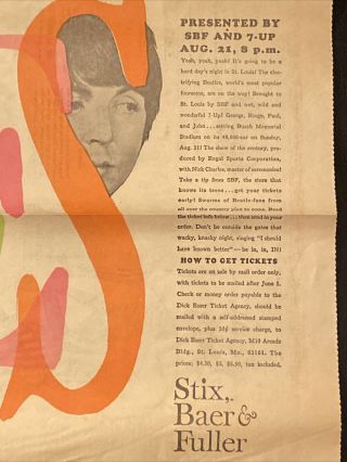 1966 The Beatles Concert Newspaper Ad.  St.  Louis Post.  May 22,  1966 RARE 2