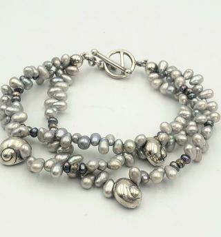Mignon Faget 925 Sterling Silver Multi Strand Pearl Moon Snail Bracelet Rare
