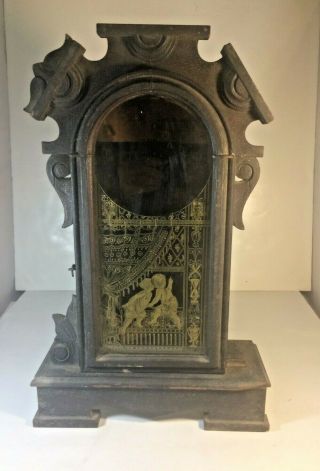 Rare C 1880 Vintage Antique Ansonia Clock Empty Case W/ Stenciled Glass Door