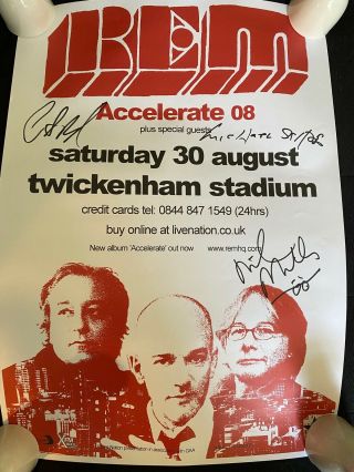 Rare R.  E.  M Fully Signed Tour Poster Twickenham Stadium Stipe Buck Mills
