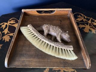 A Rare Antique Carved Wooden Black Forest Bear Brush & Crumb Tray