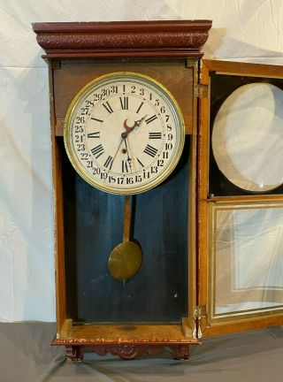 RARE Antique Sessions Clock Co.  Oak Railroad Wall Calendar Regulator Clock LOOK 3