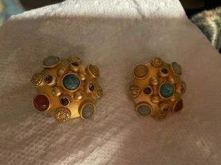 Rare Signed Natasha Stambouli 24k Gold Plate Semi Precious Stone Earrings