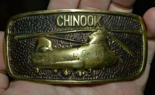 Vintage 1970s Chinook Military Helicopter Solid Brass Wide Belt Buckle Rare