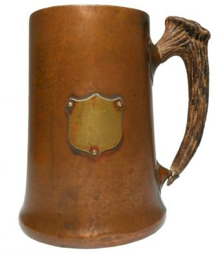 Rare American Arts & Crafts Antique Copper Tankard,  Elk Horn Handle/brass Shield