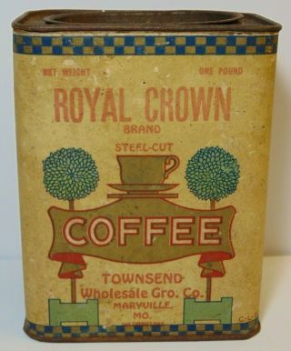 Rare Vintage 1930s Royal Crown Coffee Tin Graphic 1 Pound Can Maryville Missouri