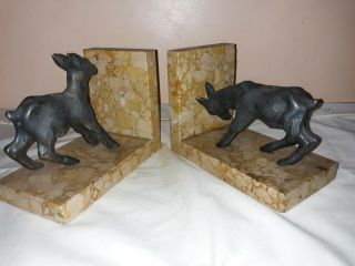Art Deco Bronze Marble Figural Rare French Bookends Ibex Goat Patina