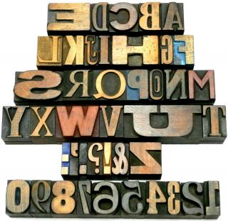 Letterpress Wood Type 1 " Mixed Alphabet,  Numbers 42pcs Very Rare Selection