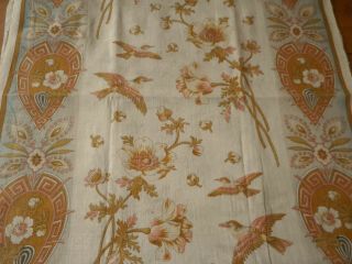 Rare Antique Art Nouveau Floral Bird Cotton Fabric Panel Softened Ochre Rose