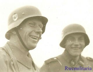 Rare Close Up Pic Pair Helmeted German Elite Waffen Soldiers In Field