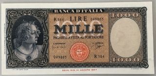 Italy,  Banca Italia 1000 Lire 1947 - Rare - Crisp Au