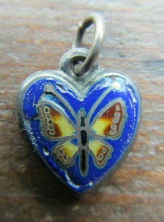 Rare Antique Victorian Sterling Silver Enamel Puffy Heart Charm Butterfly