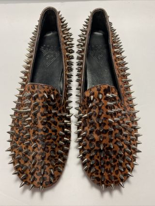Unif Sz 9 Hellraiser Metal Spiked Slip On Shoes Loafers Leopard Pony Hair Rare