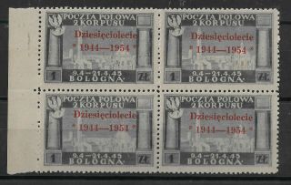 Poland 1945 2nd Corpus In Italy Bl Of 4 Fi:3 Mnh With Rare Ovpt " Dziesieciolecie