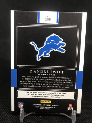 2020 impeccable D ' andre Swift Lions RC patch Auto card 109 serial 04/15 Rare 2