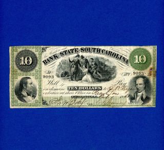 1861 $10 The Bank Of The State Of South Carolina Rare Civil War Higher Grade