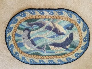 Claire Murray Whales Hand Hooked Oval Wool Rug 35.  5 " X 24 " Nautical Very Rare Ex